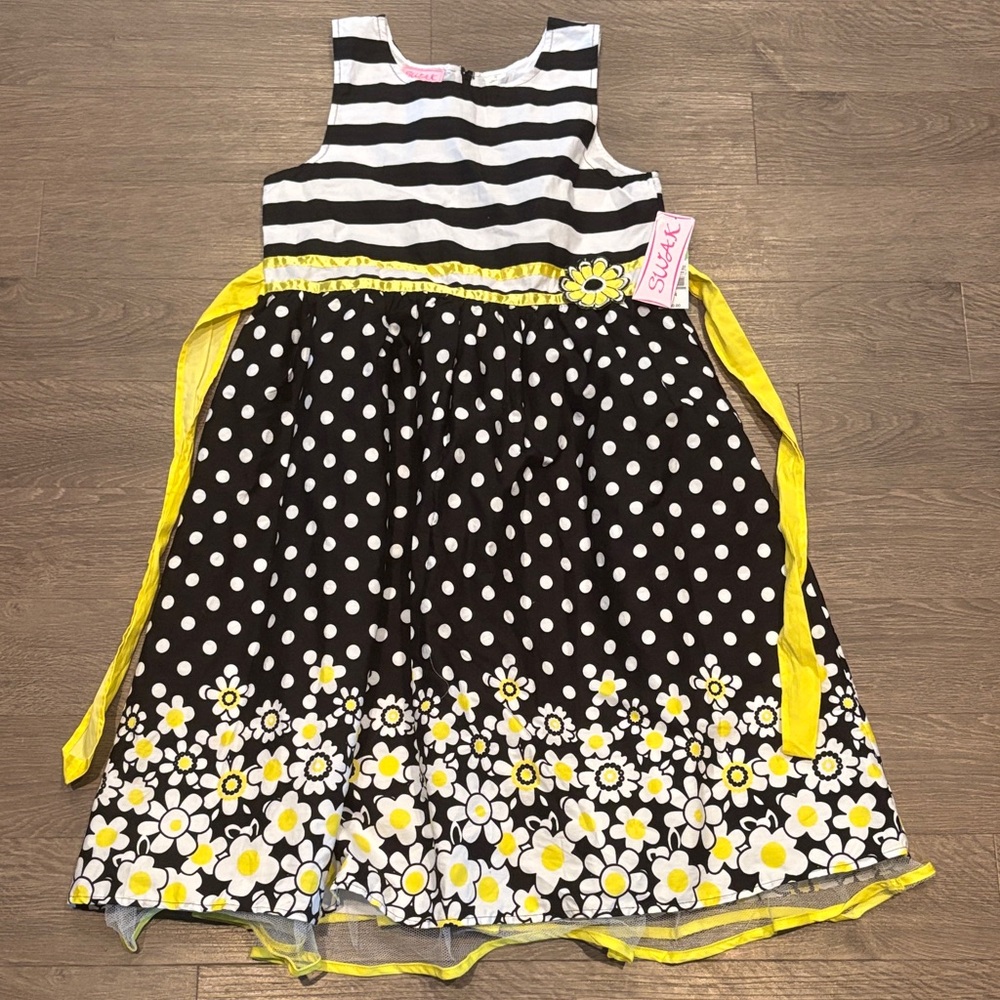 SWAK Black & White floral Dress with Yellow Floral Trim Sz 14 new